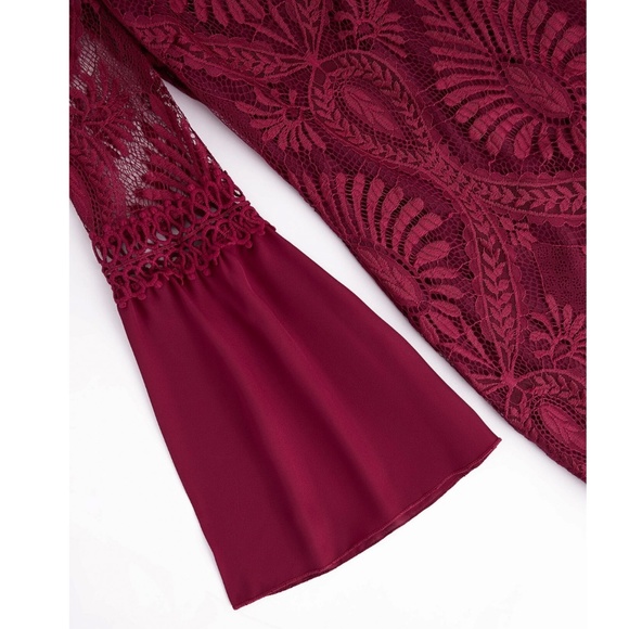 Burgundy Lace Detail Bell Sleeve Bohemian Mini Dress - Picture 9 of 13
